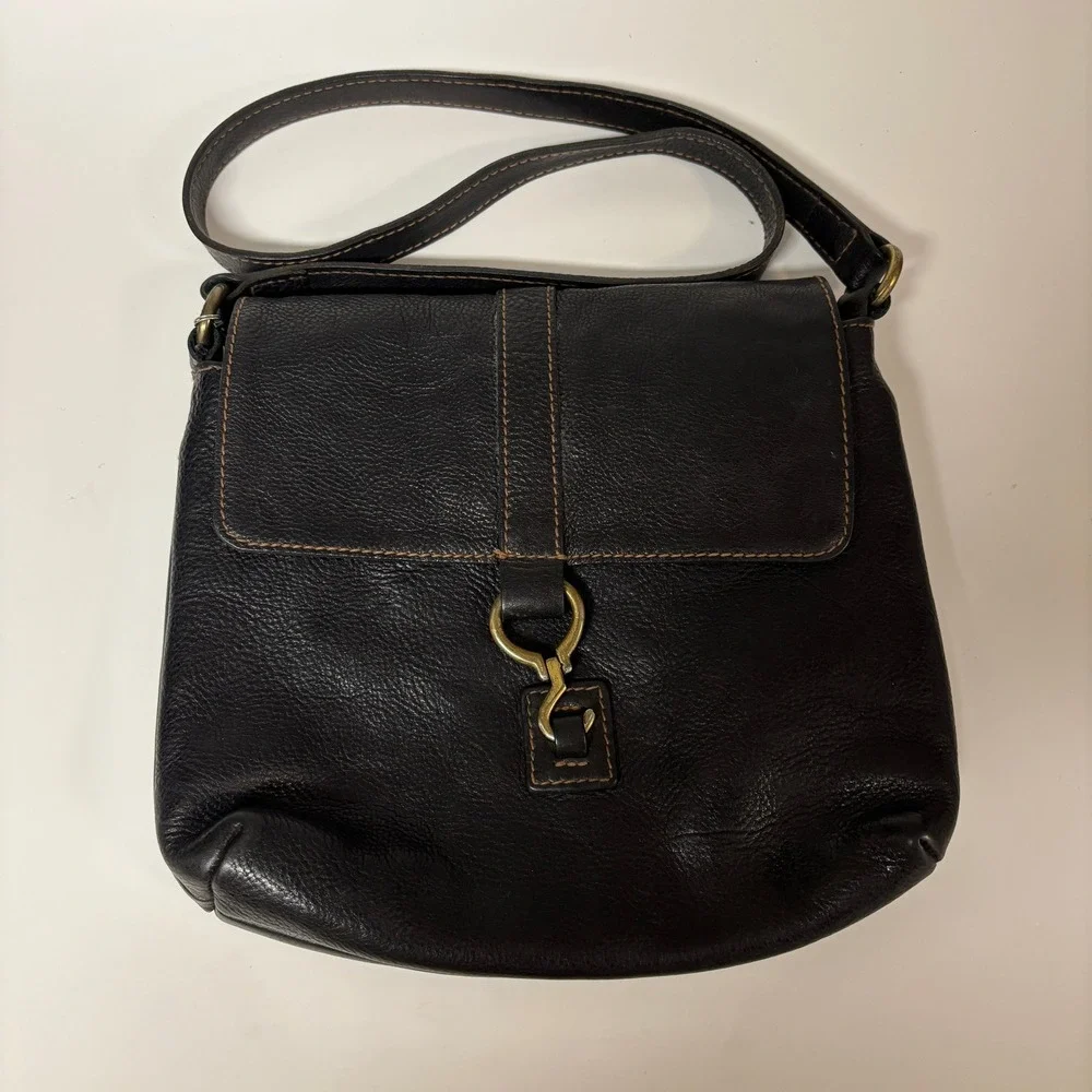 VTG Ralph Lauren Black Leather Crossbody Bag Equestrian Hook Flap Messenger